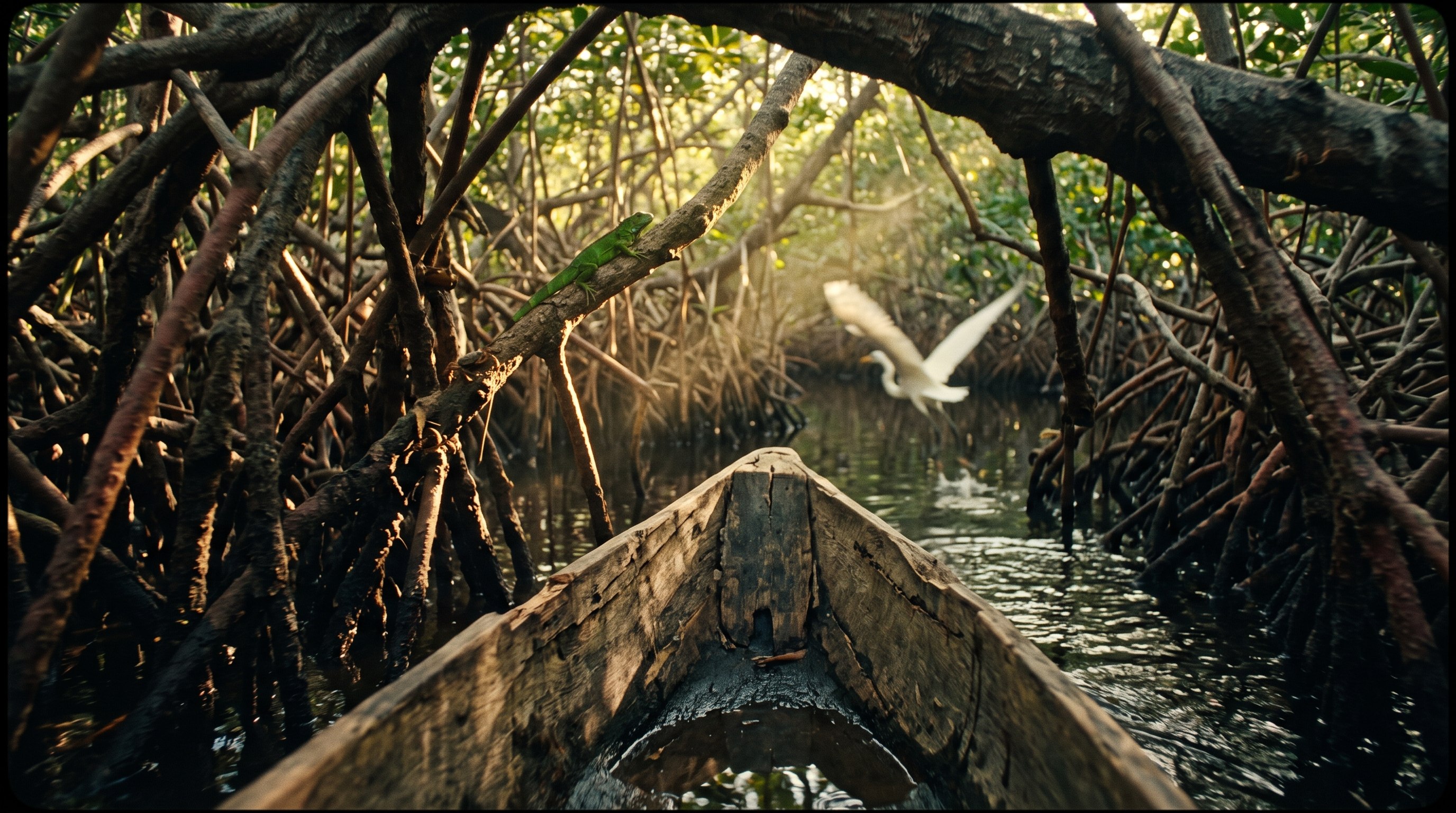 Canoa entrando al túnel de manglar al amanecer